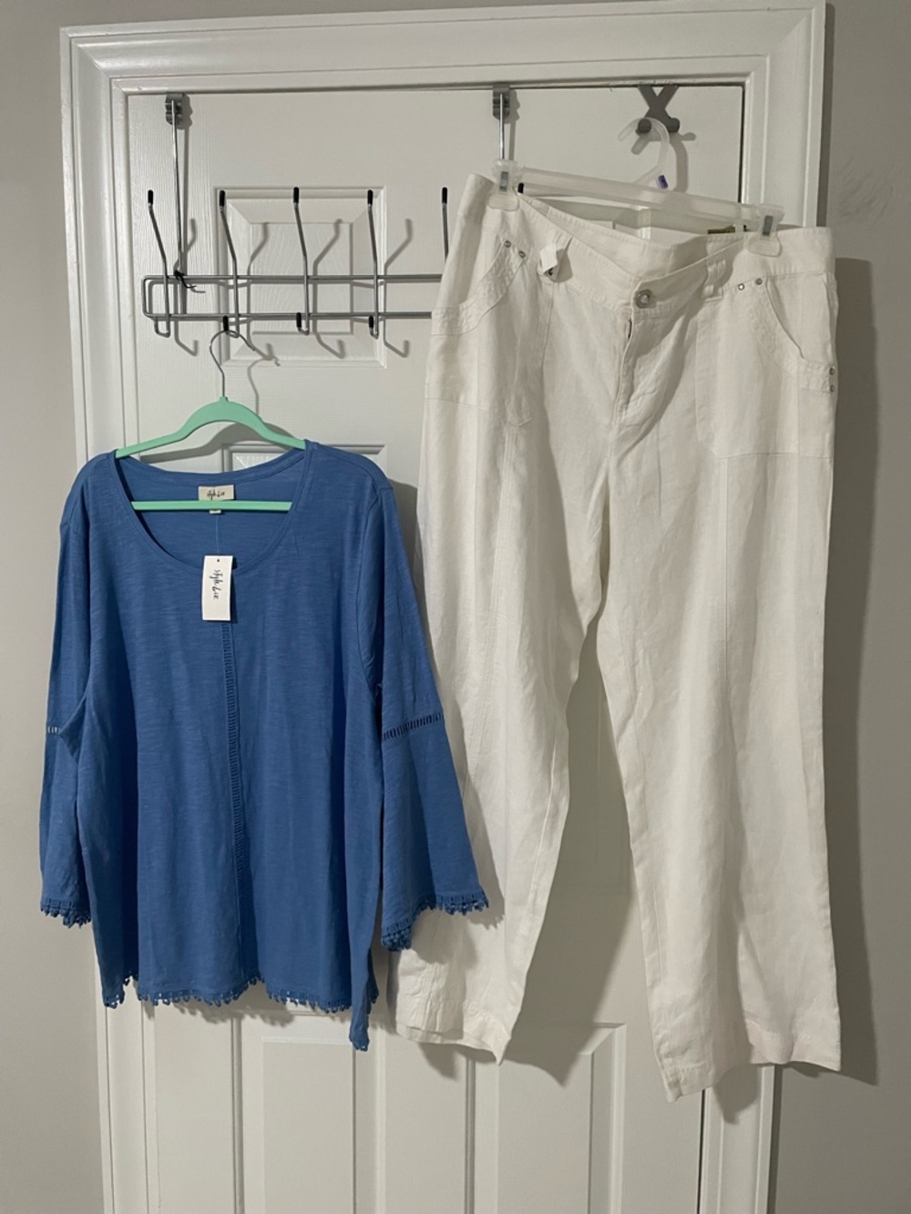 Blue Crochet-Trim Top & White Linen Pants Set xl /16w
